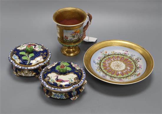 A pair of late Victorian Worcester style circular porcelain boxes and covers and two other items (13 & 24)